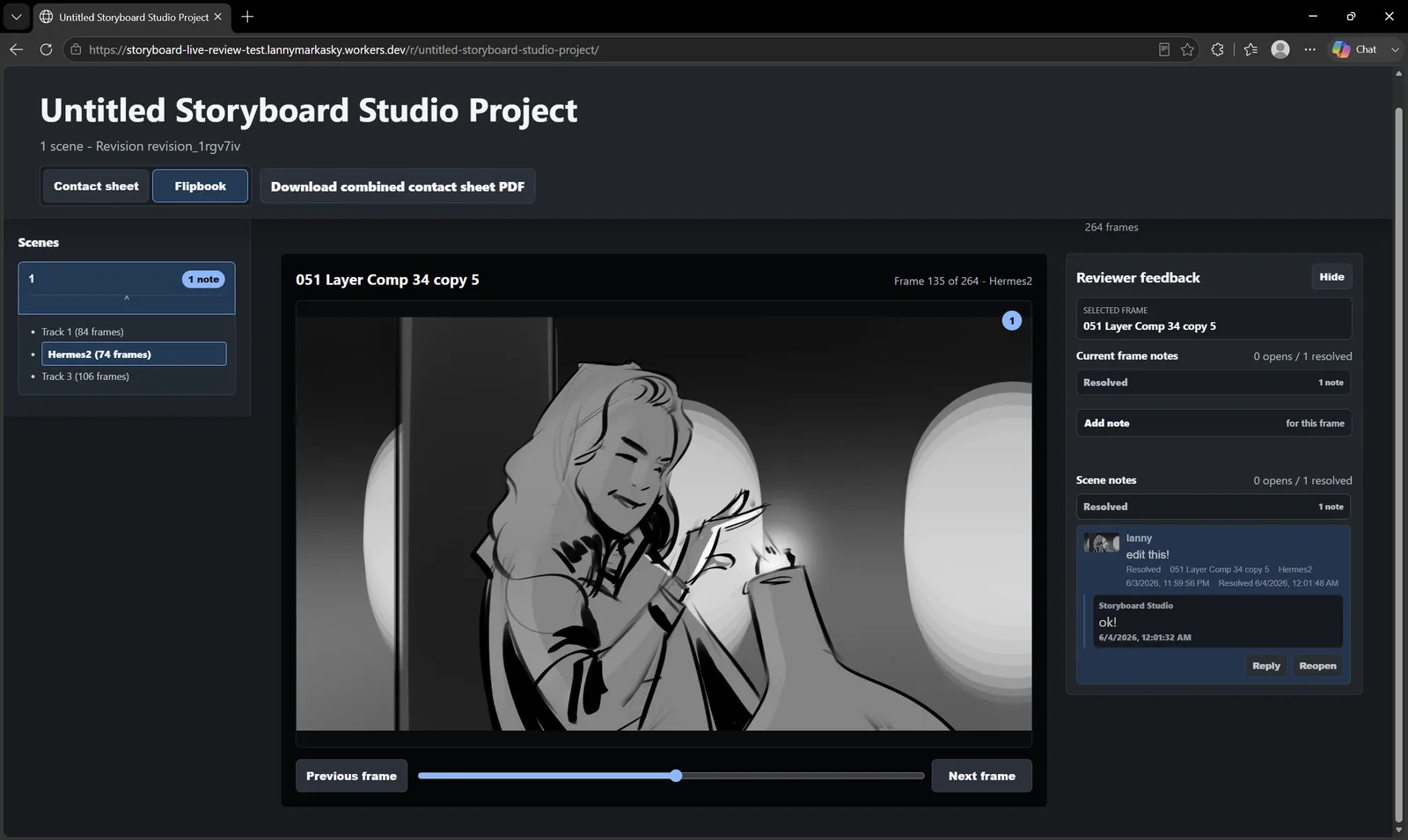 Live Review page with frame navigation, reviewer feedback, resolved notes, and storyboard art.