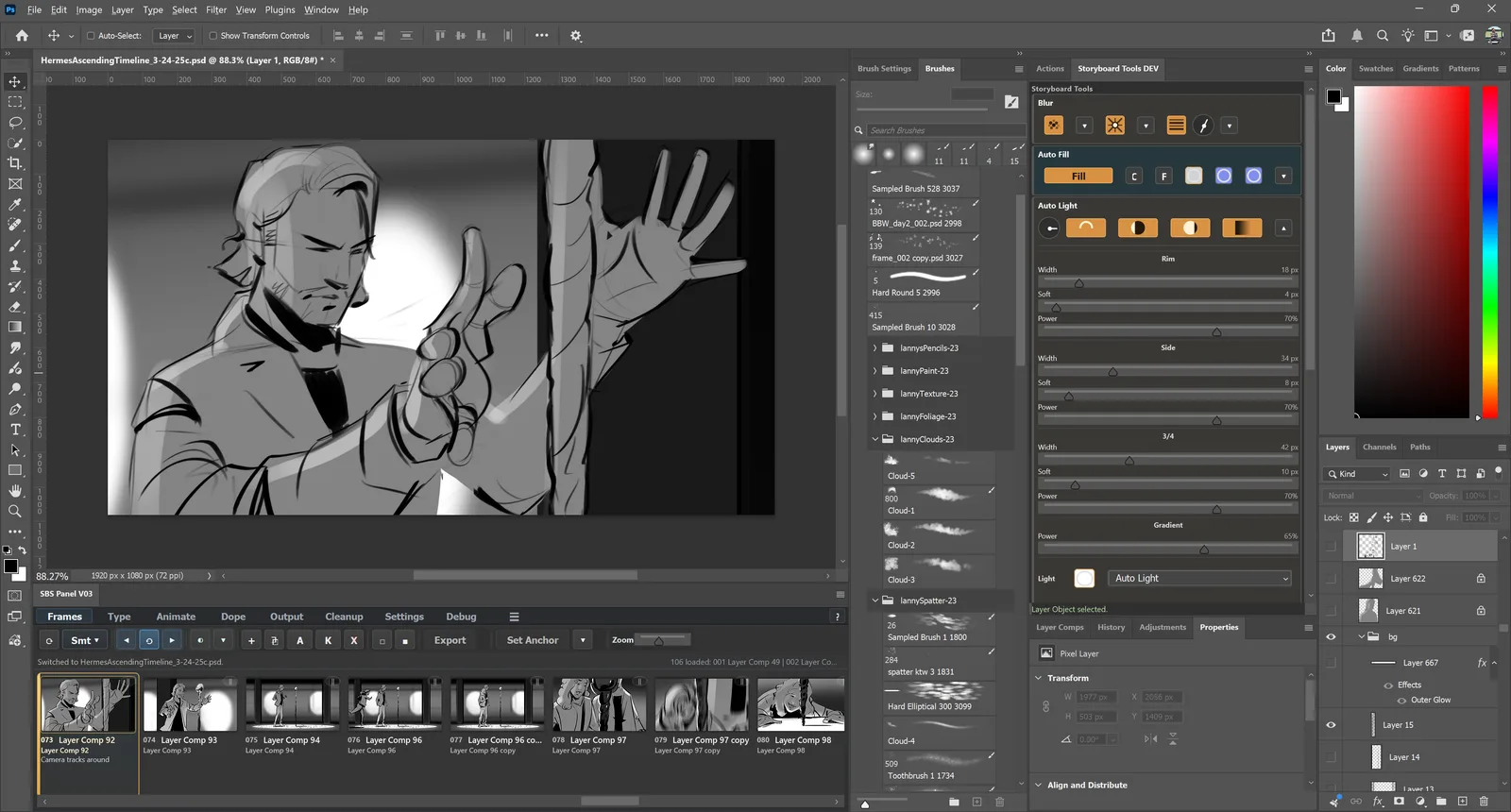 Photoshop workspace with the ShotFlow frame strip and storyboard tools panel open.