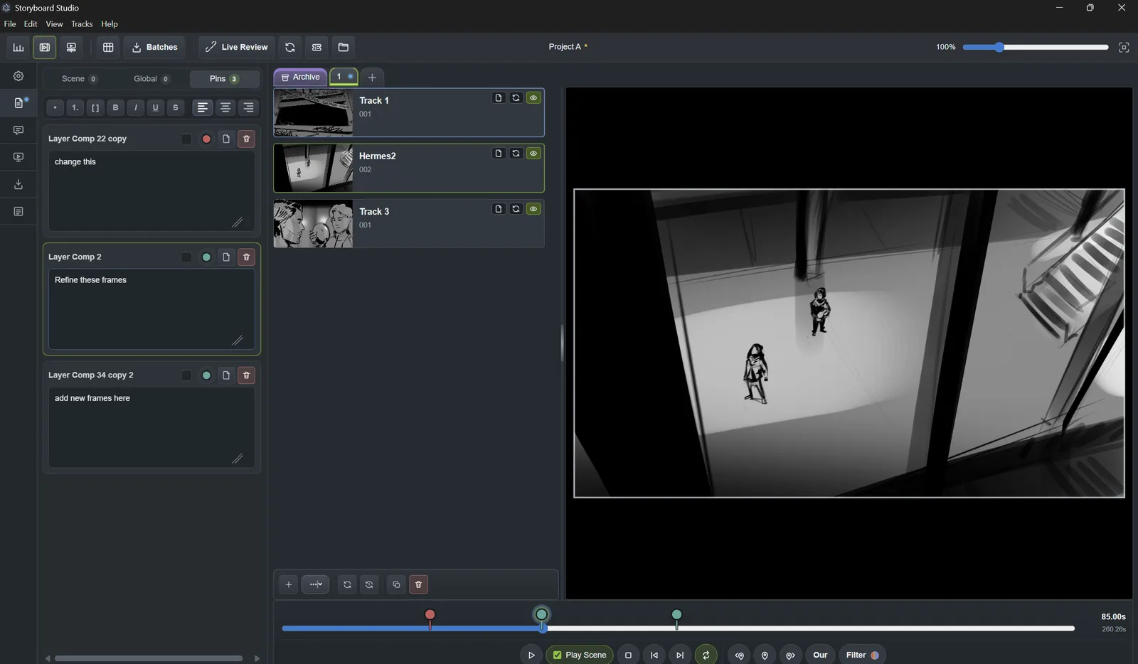 Storyboard Studio board organizer with notes, tracks, timing controls, and a large storyboard preview.