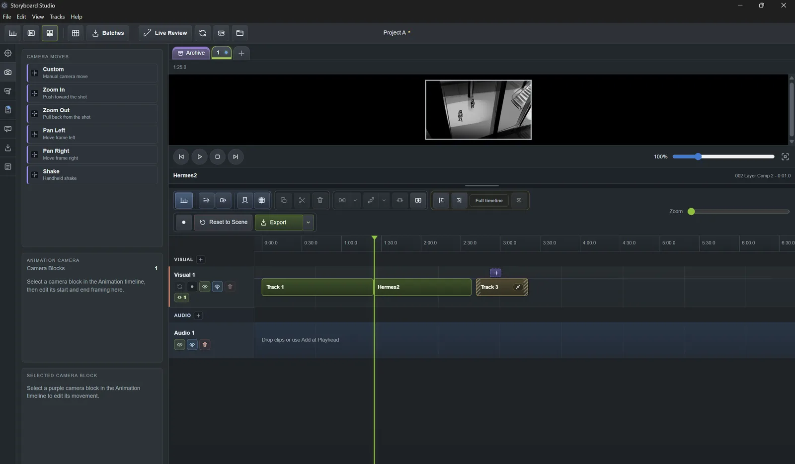 Storyboard Studio camera move tools alongside the animation timeline.