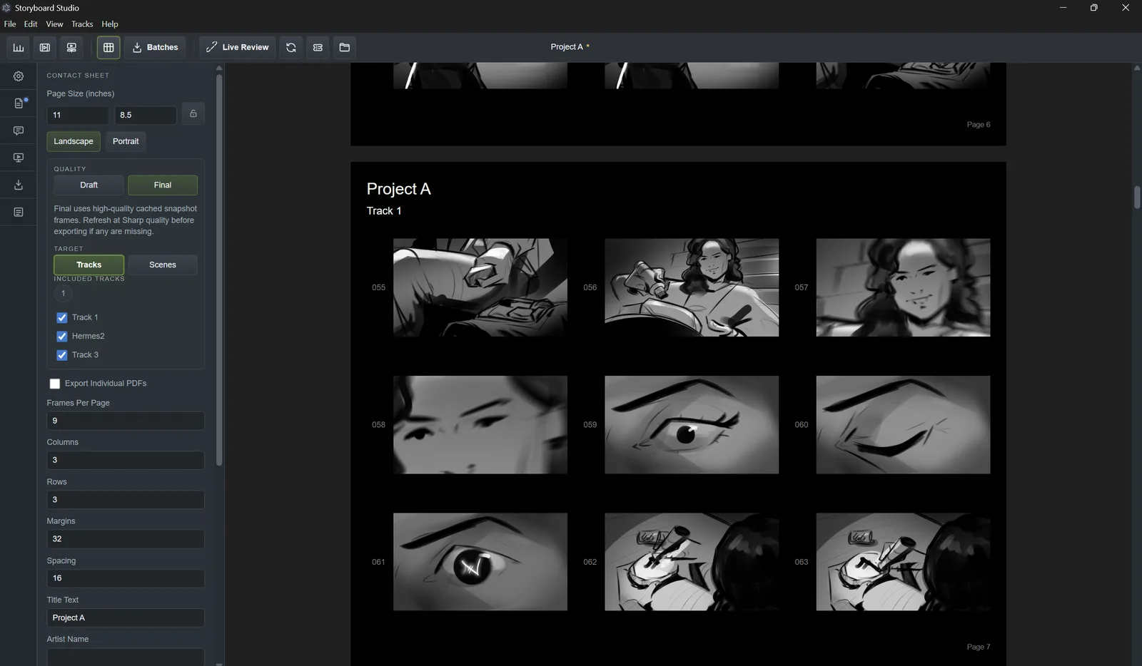 Storyboard Studio contact sheet builder showing storyboard frames arranged for PDF output.