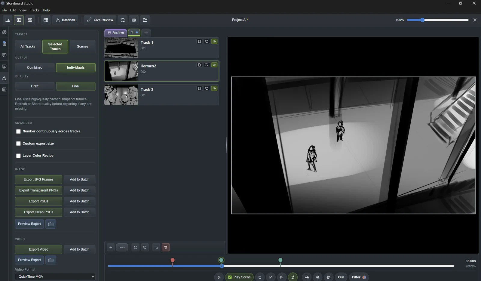 Storyboard Studio export panel with selected tracks, quality controls, and image and video output options.