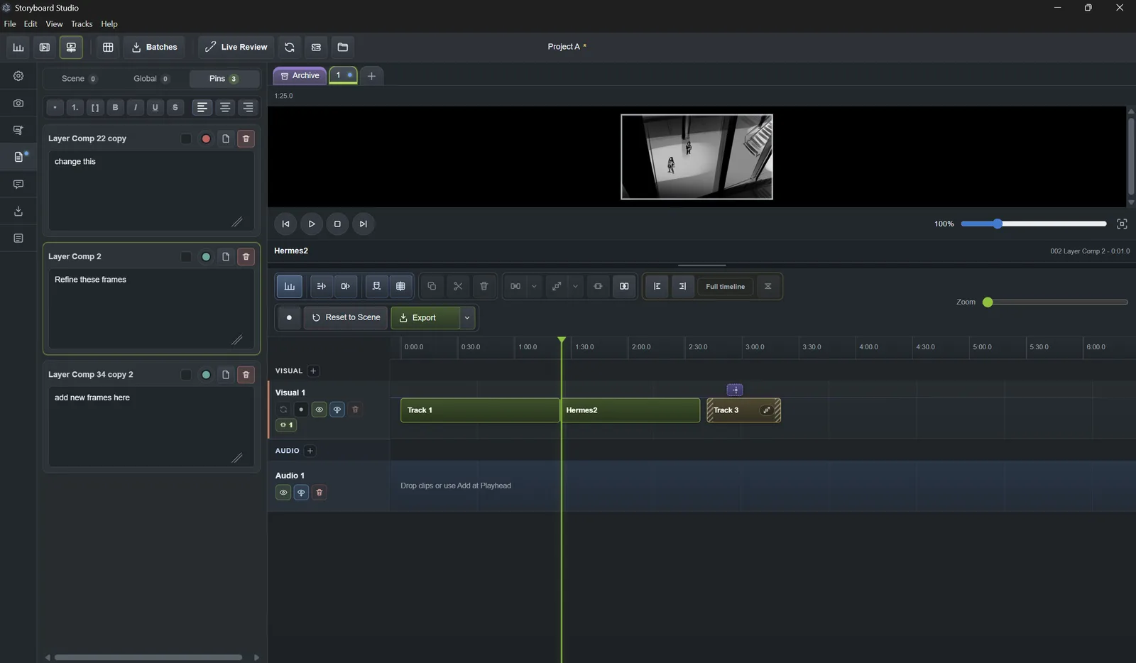 Storyboard Studio timeline editor with visual tracks, playback controls, and a storyboard preview.